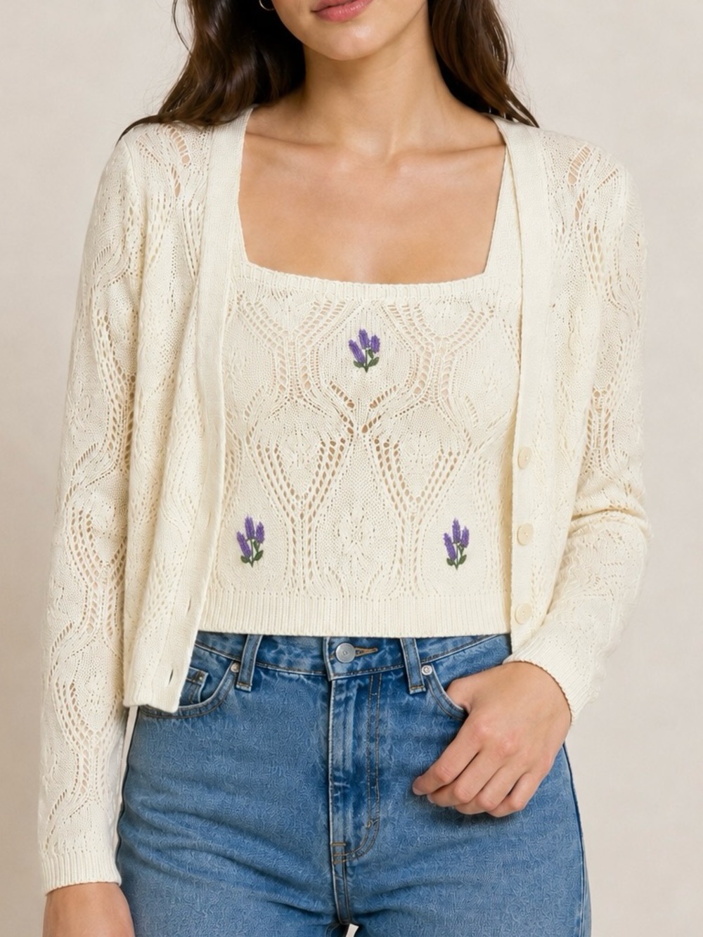 Pink Rose 2-Piece Pointelle Cardigan Tank Sweater Set